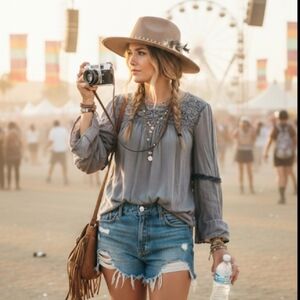 Anthropologie Luna Moon Gray Embellished boho bohemian embroidered blouse shirt